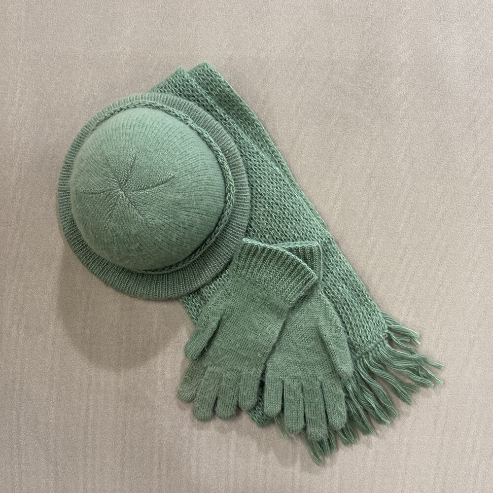Hansen Knitting Mills Blend Scarf Hat Mittens Gloves Green Lot Made In USA